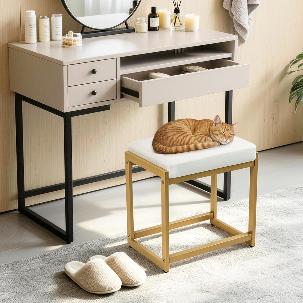 Vanity Stool, Vanity Chair Stools with Reinforced Metal Legs, Faux Leather Upholstered Ottoman Bench for Bedroom, Living Room, Small Modern Makeup Chairs for Dressing Table, White&Gold