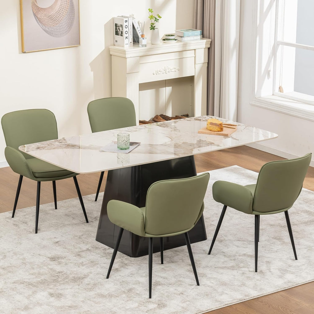 VKNOW Modern Faux Leather Dining Chairs Set of 4 with Armrest, Green | Armed Dining Room Chairs with Metal Legs, Kitchen Chairs for Restaurant Kitchen Living Room