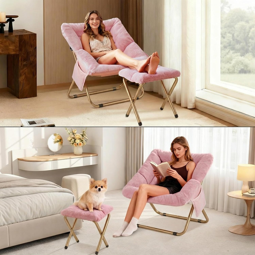 Comfy Saucer Chair for Adults, Foldable Living Room Chairs, Soft Faux Fur Lounge Chair for Bedroom, Reading Chairs, X-Large (Ottoman-Pink)