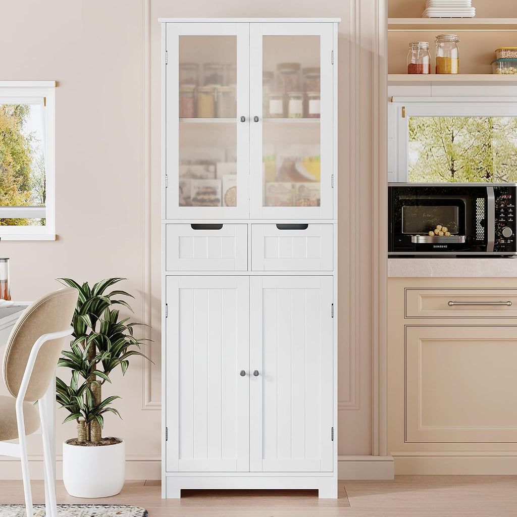 HOSTACK 64" Tall Storage Cabinet, Kitchen Pantry with Drawers, Modern Bathroom Cabinet with Shelves and Glass Doors, Free Standing Linen Storage Cupboard for Dining Room, White