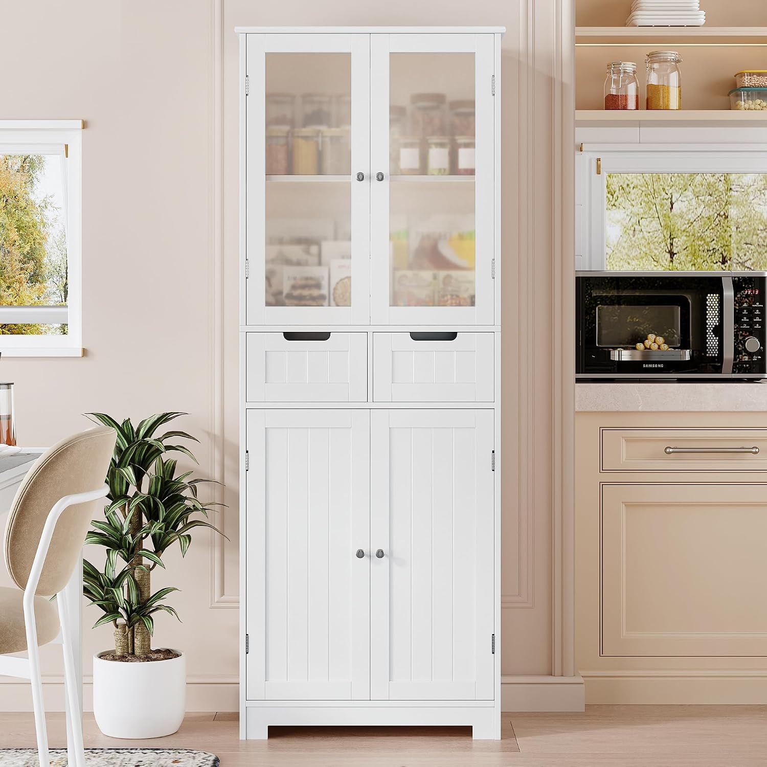HOSTACK 64" Tall Storage Cabinet, Kitchen Pantry with Drawers, Modern Bathroom Cabinet with Shelves and Glass Doors, Free Standing Linen Storage Cupboard for Dining Room, White