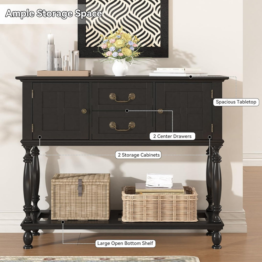 Farmhouse Console Table with Storage, Narrow Entryway Table with 2 Drawers & 2 Door Cabinets, Sofa Table Behind Couch with Shelf for Living Room, Entryway