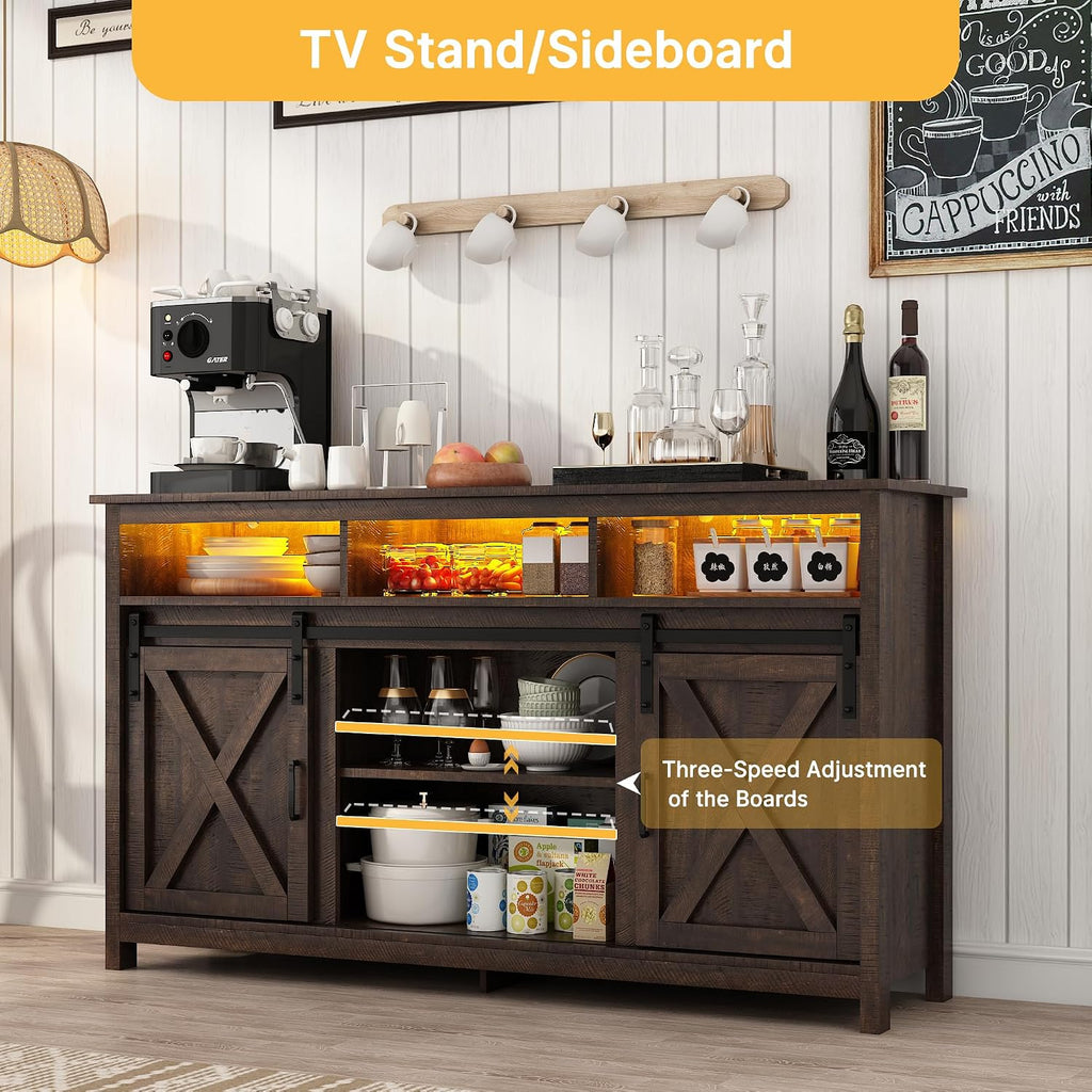 Vinctik 6&Fox 57In Wooden Farmhouse Entertainment Center for 60/65 inch TV,Double Layer Storage Farmhouse TV Stand,Double-Row Sockets with Wood Sliding Barn Door TV Stand(Double Layer Rustic Brown)