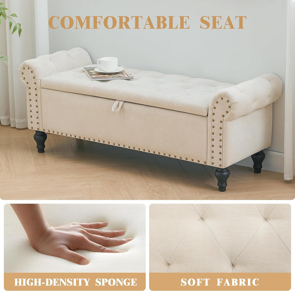 51" Storage Bench for Bedroom, Upholstered Ottoman Bench, Chenille Beige | End of Bed Bench for Bedroom, Window Benches for Living Room, Entryway, Ottoman with Large Storage Space, Pet Friendly