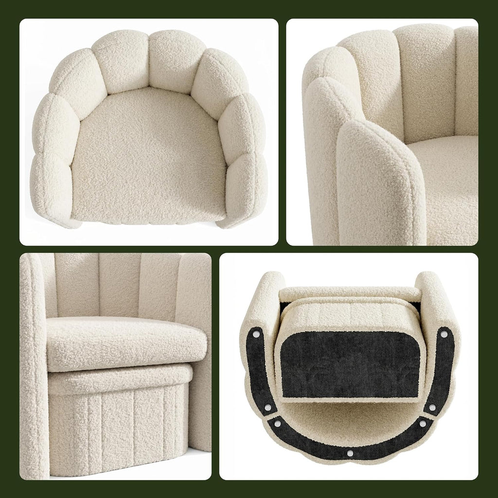 Homkdom Barrel Accent Chair with Storage Ottoman, Teddy Fleece Shell Back, Ergonomic Lumbar Support, Spring Foam Seat, 300 lbs, Reading Chair for Bedroom Living Room Home Office Creamy White