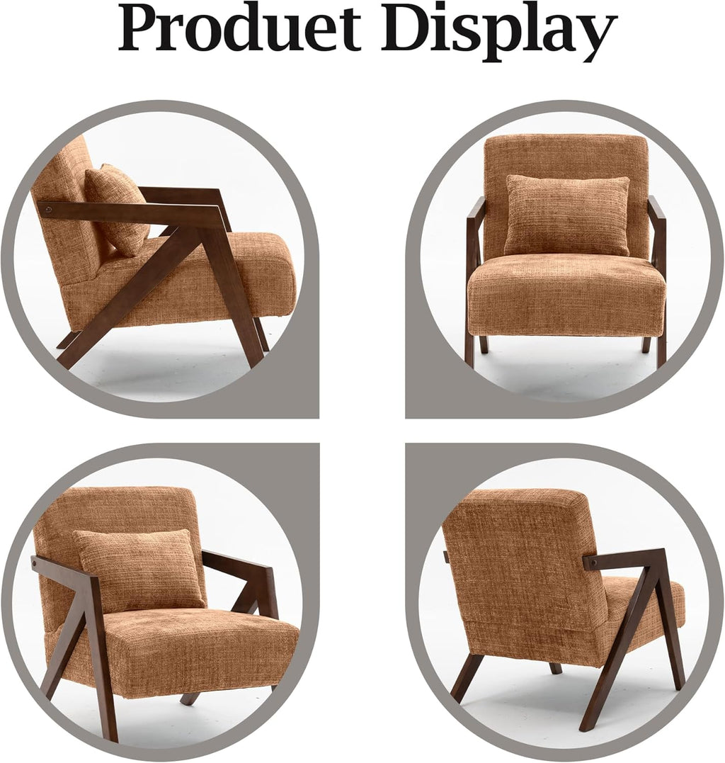 Mid-Century Modern Accent Chair Set of 2 with Solid Wood Frame，Upholstered Chenille Living Room Arm Chairs with Pillow for Bedroom, Living Room, Reading Room, Balcony, Brown