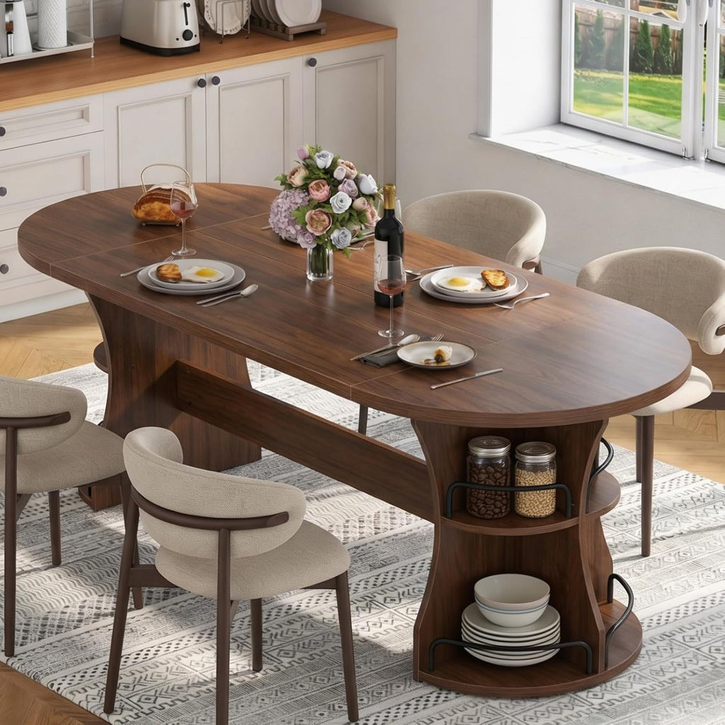 70.8" Dining Table for 4-6, Oval Kitchen Tables with Storage, Long Dinner Table with Curved Base, Modern Dining Room Tables for Living Room Gathering (Walnut)