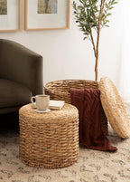 Kate and Laurel Halm Modern Woven Rattan Round Storage Side Tables, Set of 2, 20 x 17 and 16 x 14, Natural Rattan, Lift-Top End Tables for Use as Hidden Storage Baskets or Small Ottoman Tables
