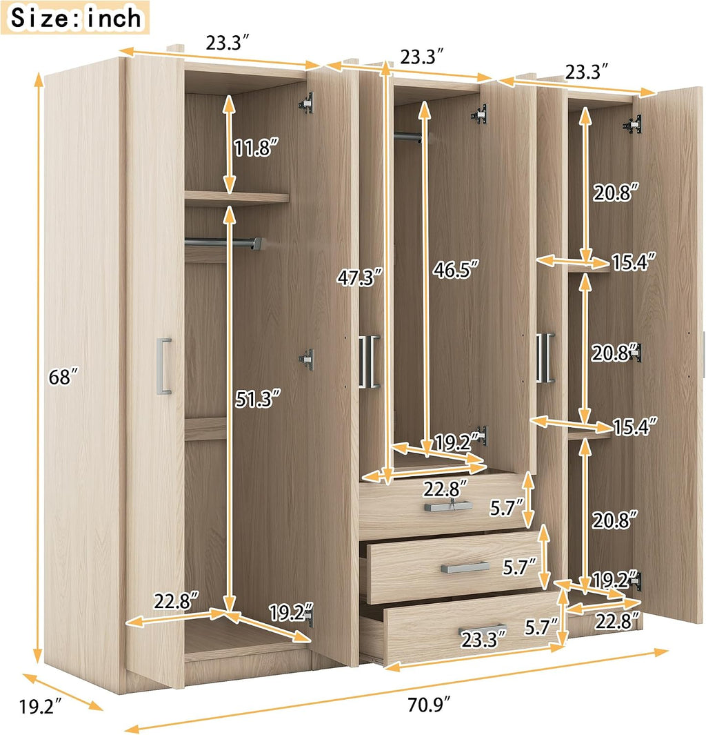 Merax Large 6 Doors Wooden Wardrobe, Bedroom Tall Armoire Closet Organizer with Big Drawers, Hanging Rails and Shelves, Clothes Storage Cabinet for Garage & Laundry Room, Natural