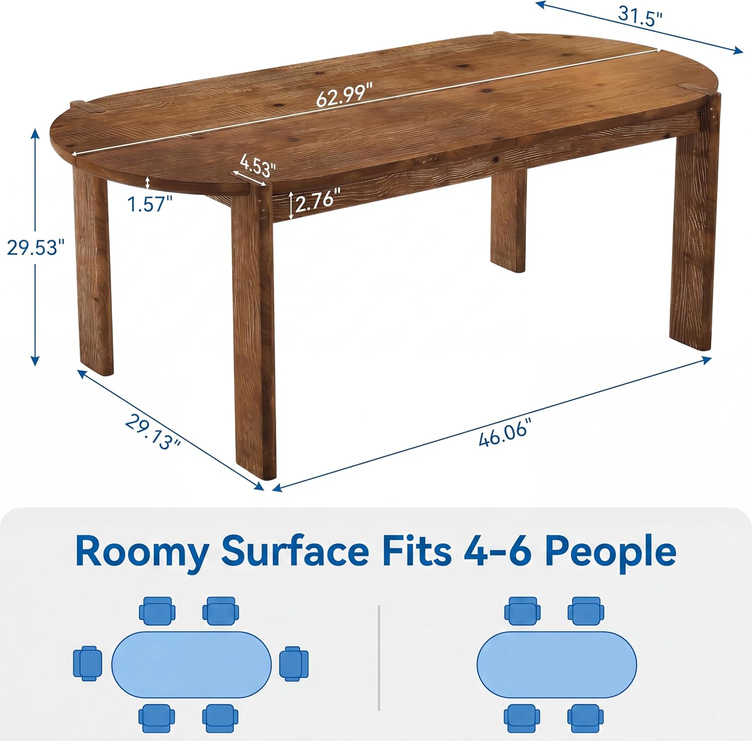 Tribesigns 63-Inch Solid Wood Oval Dining Table, Farmhouse Dinner Table with Sturdy Base for 4-6, Rustic Kitchen Table for Dining Room, Apartment, Living Room