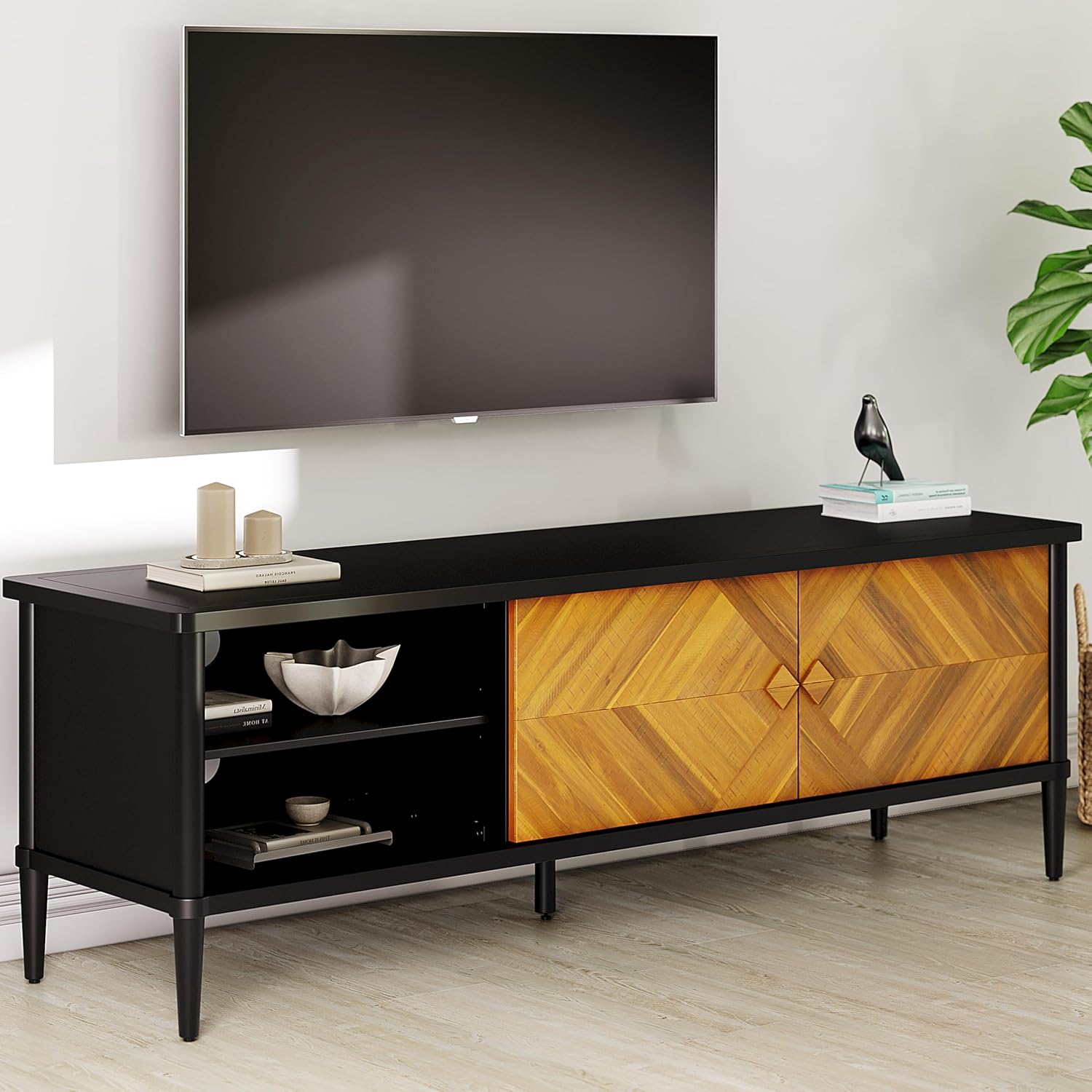 Howizz Lenia 63" Solid Acacia Wood TV Media Console 65 70 75 Inch | Farmhouse Rustic Mid Century Modern TV Stand Living Room, Entertainment Center Storage & Cabinets, Black Brown Teak