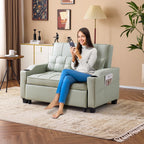VINGLI Convertible Loveseat Sleeper Sofa Bed, Pullout Couch for Living Room | Light Green Futon Sofa Bed, Faux Leather Pull-Out Couch Bed with USB Ports, Cup Holders for Small Space, Apartment, Office