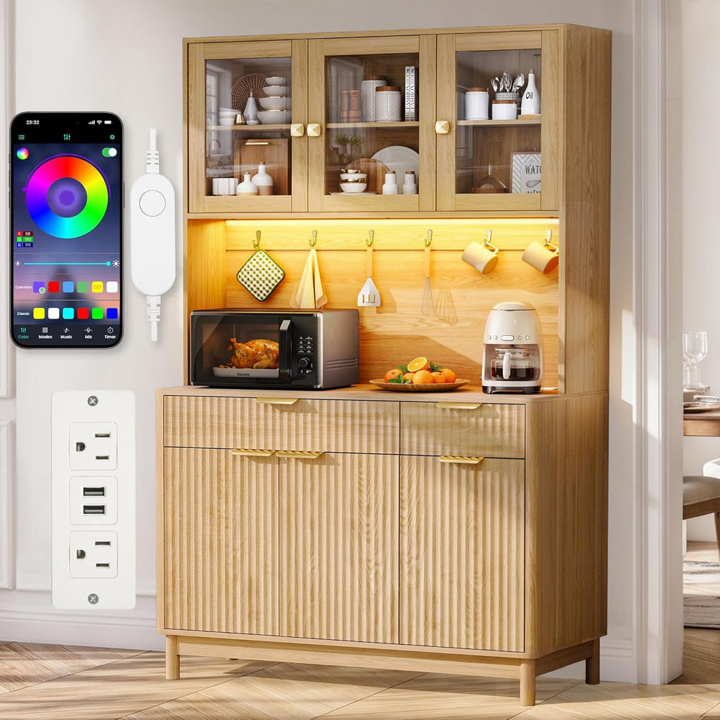 71'' Fluted Kitchen Pantry Cabinet with Power Outlet & LED Light, Food Kitchen Hutch with Countertop, Wood Pantry Storage Cabinet with a Drawer & Shelves for Living Room, Dining Room, Natural