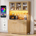 71'' Fluted Kitchen Pantry Cabinet with Power Outlet & LED Light, Food Kitchen Hutch with Countertop, Wood Pantry Storage Cabinet with a Drawer & Shelves for Living Room, Dining Room, Natural
