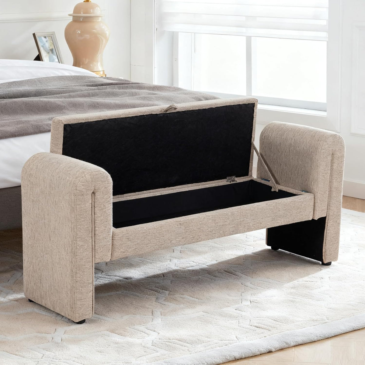 60.5" End of Bed Bench, Velvet Bedroom Bench,King Bed Bench,with 2 Pillows,Upholstered Bench,Suitable for End of Bed, Entryway Living Room,Bedroom. (Linen Apricot)