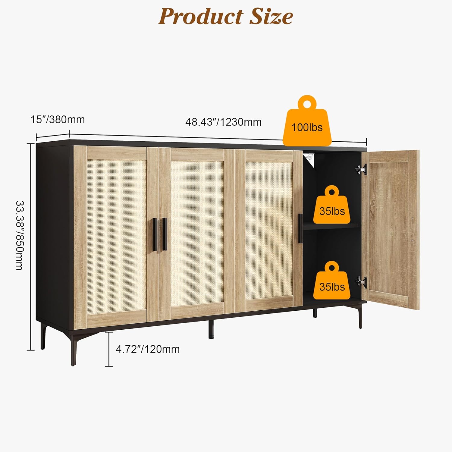 JASIWAY Buffet Cabinet with Storage, 48" Rattan Sideboard with Adjustable Shelves, Modern Coffee Bar Cabinet Console Table with Doors, Credenza for Kitchen, Living Room, Entryway, Dining Room, Black