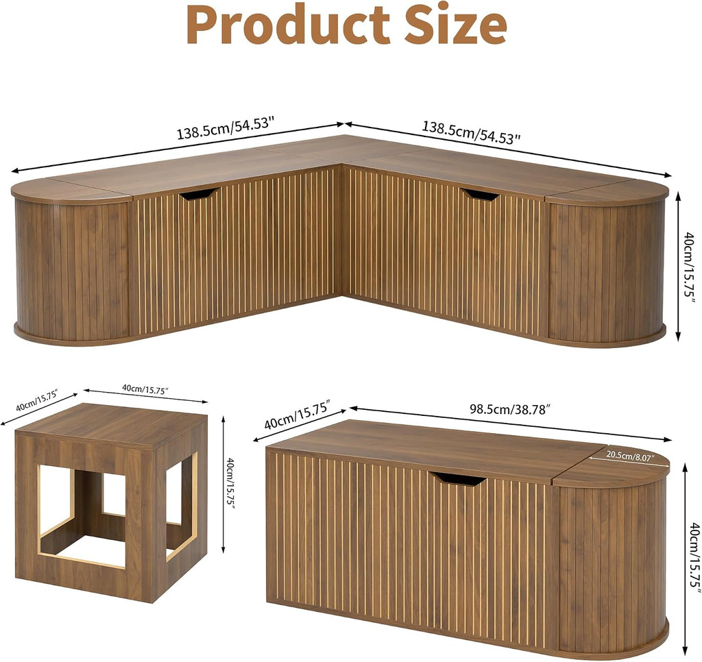 L Shaped Storage Bench with Cushion, Mid Century Modern Corner Dining Bench, Wood Window Breakfast Nook Bench for Dining Room, Entryway, Living Room, Cloakroom, Walnut