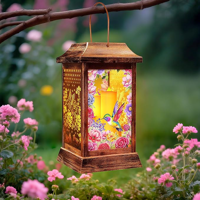 Hummingbird Solar Lanterns Outdoor Waterproof, Metal & Glass Hanging Lights Garden Decor, Birthday Gifts for Women Mom Grandma Mothers Day, Decorative Lights for Outside Yard Patio Backyard Porch