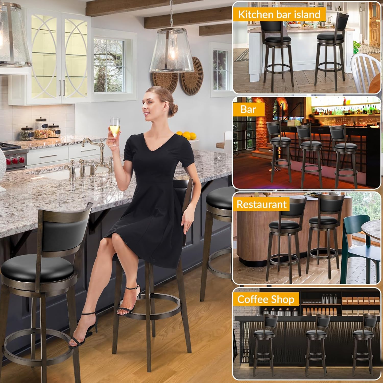 PrimeZone Swivel Bar Stools Set of 2, 24 Inch Counter Height Barstools | Black Faux Leather, High Backrest, Solid Rubberwood Frame, Wrap-around Footrest, Counter Stools for Kitchen Island, Pub