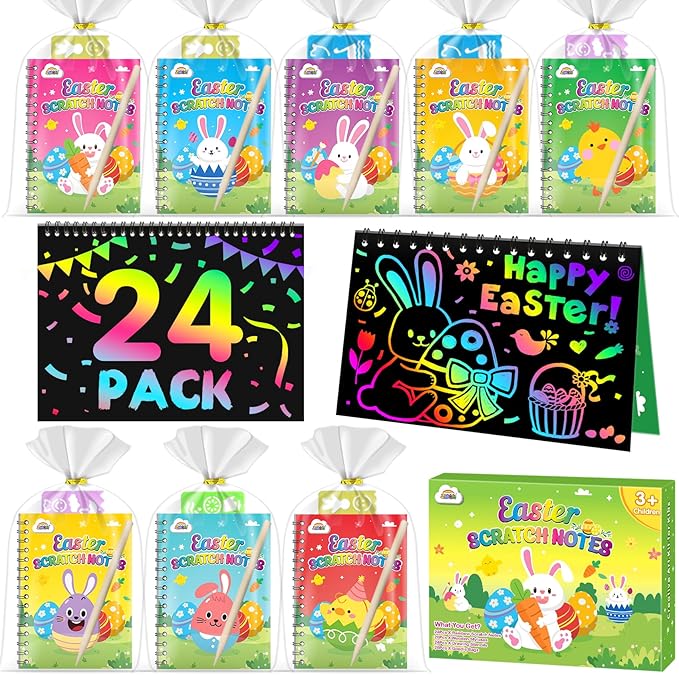 ZMLM Rainbow Scratch Party Favors Kids: Birthday Gifts Toy Bulk Scratch Art Notebook 24 Pack Birthday Goodie Bags Stuffers Girls Boys Art Craft Pad Classroom Prizes School Teacher Supplies (Easter)