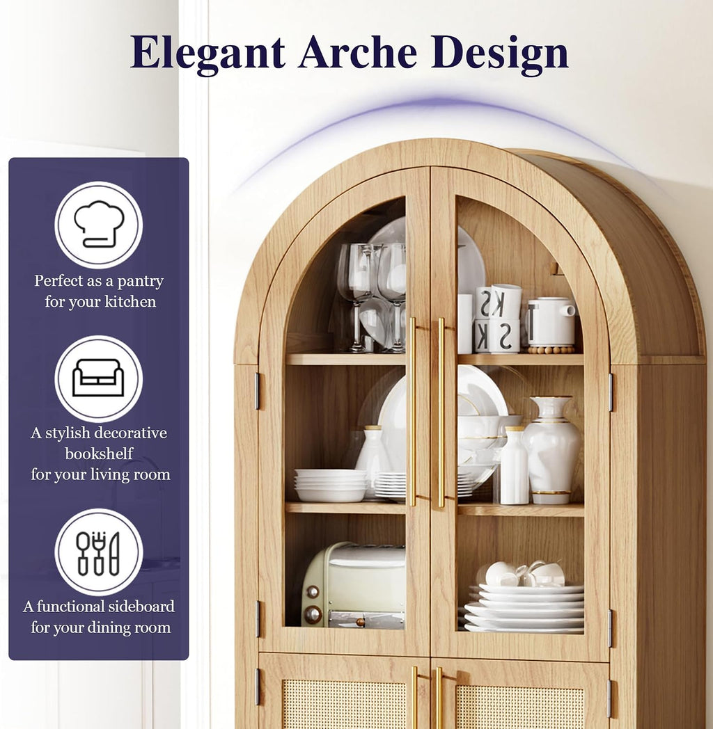 63" Tall Arched Cabinet with Glass Doors, Kitchen Pantry Storage Cabinet with Dust-Proof Rattan, 5-Tier Curio China Cabinet with Adjustable Shelves for Living Room Dining Room, Oak