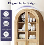 63" Tall Arched Cabinet with Glass Doors, Kitchen Pantry Storage Cabinet with Dust-Proof Rattan, 5-Tier Curio China Cabinet with Adjustable Shelves for Living Room Dining Room, Oak