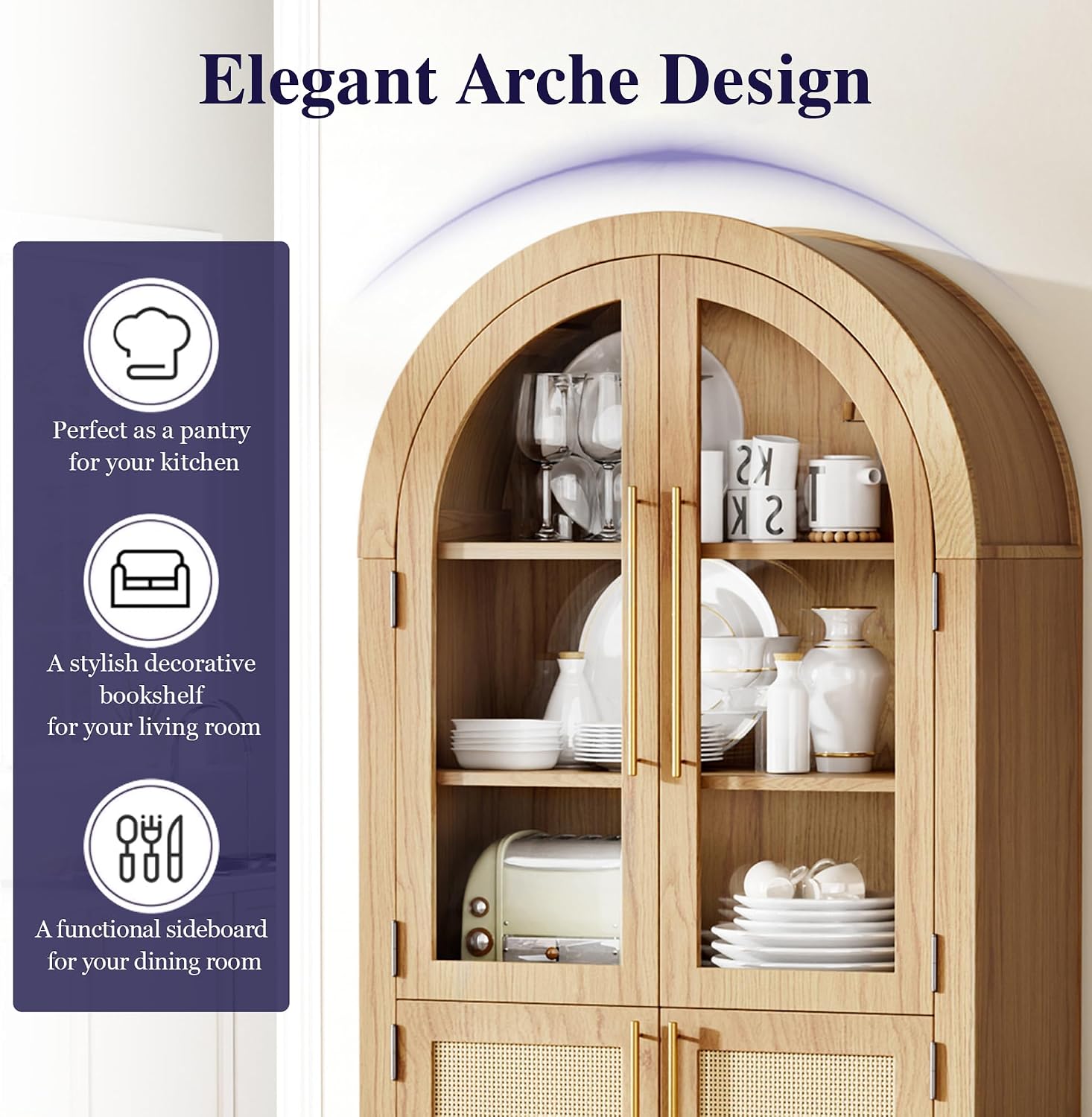 63" Tall Arched Cabinet with Glass Doors, Kitchen Pantry Storage Cabinet with Dust-Proof Rattan, 5-Tier Curio China Cabinet with Adjustable Shelves for Living Room Dining Room, Oak