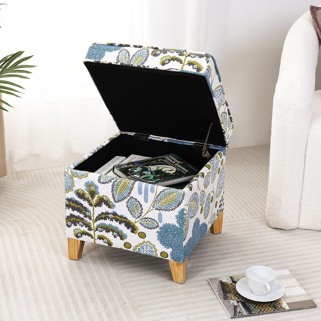 Adeco 18 Inch Linen Storage Ottoman Cube, Upholstered Footstool for Living Room & Bedroom, Vanity Stool with Safety Hinge Lid & Solid Wood Legs, 2-Min Assembly, Blue Leaves