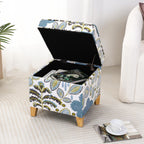 Adeco 18 Inch Linen Storage Ottoman Cube, Upholstered Footstool for Living Room & Bedroom, Vanity Stool with Safety Hinge Lid & Solid Wood Legs, 2-Min Assembly, Blue Leaves