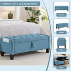 Modern Storage Ottoman Bench, Linen Upholstered End of Bed Bench with Tufted Design, Mid-Century Entryway Bench with Pull Ring, Padded Window Bench for Entryway，Bedroom (Blue+Line)