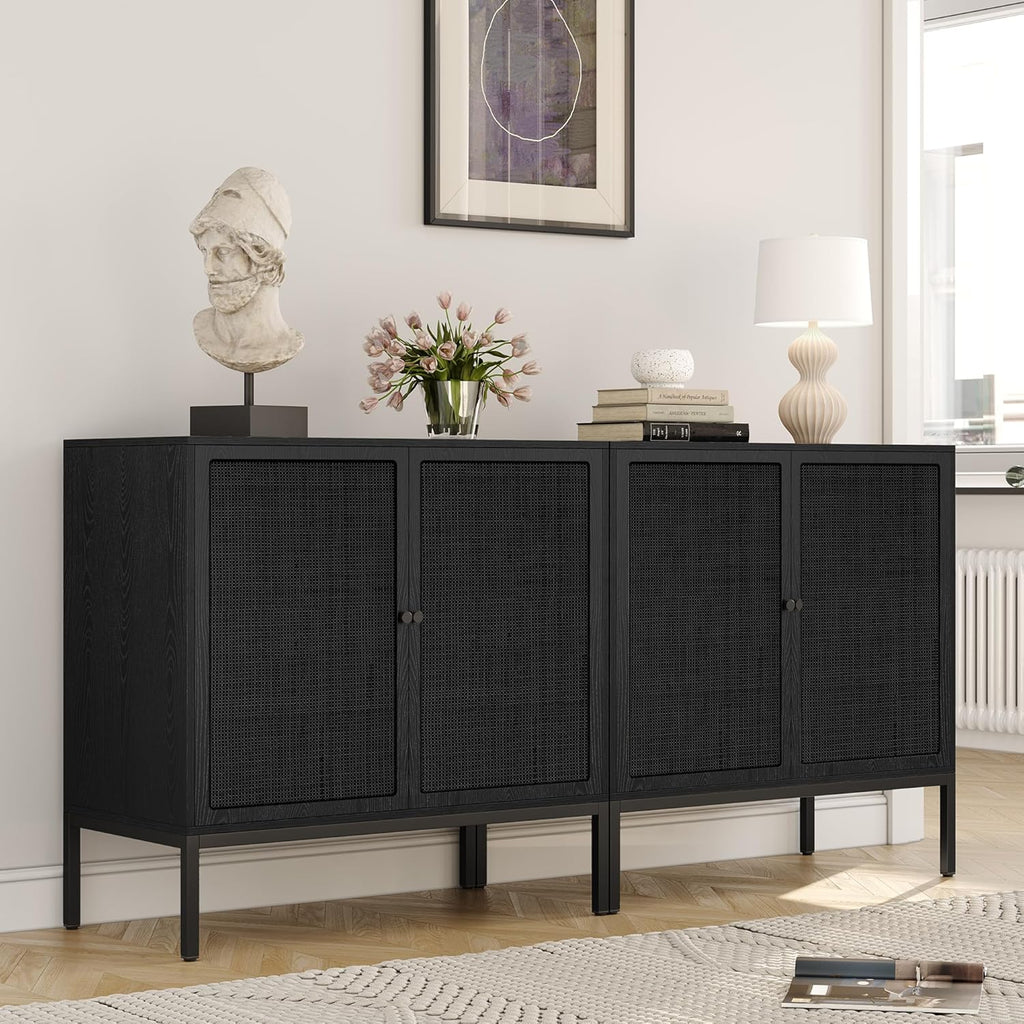 Yechen Full Black Rattan Cabient, Boho Sideboard Cabinet with Natural Rattan Decorated Doors, 31.5" W Accent Cane Credenza Buffet Console Storage, for Living Room Entryway Kitchen, Metal Legs/Set of 3