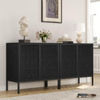 Yechen Full Black Rattan Cabient, Boho Sideboard Cabinet with Natural Rattan Decorated Doors, 31.5" W Accent Cane Credenza Buffet Console Storage, for Living Room Entryway Kitchen, Metal Legs/Set of 3