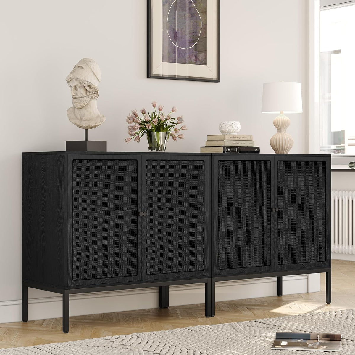 Yechen Full Black Rattan Cabient, Boho Sideboard Cabinet with Natural Rattan Decorated Doors, 31.5" W Accent Cane Credenza Buffet Console Storage, for Living Room Entryway Kitchen, Metal Legs/Set of 3