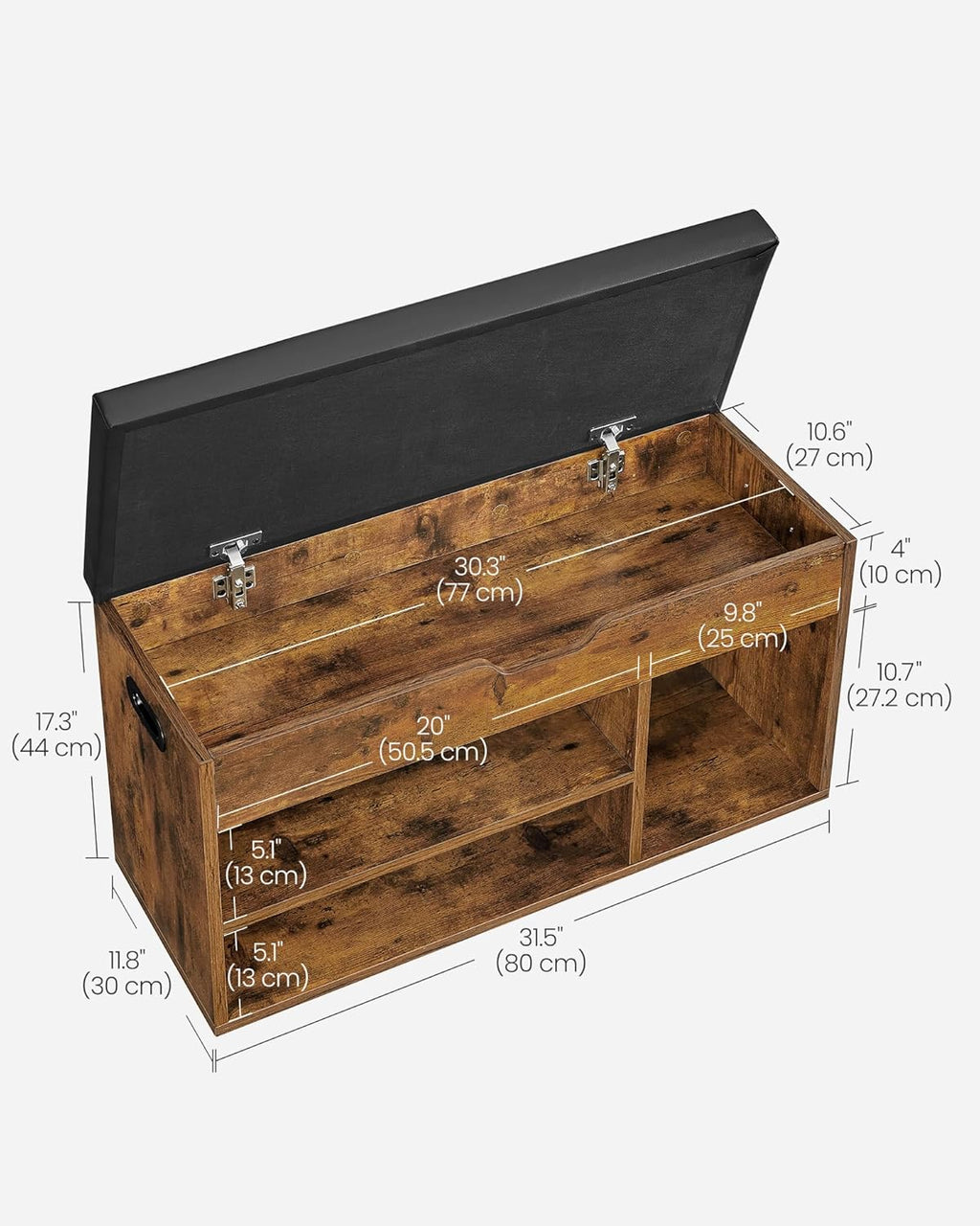 VASAGLE Storage Bench with Cushion, Shoe Bench,11.8 x 31.5 x 17.3 Inches | Padded Seat, Hidden Storage, Hold up to300 lb, Entryway, Rustic Brown and Ink Black, CUSTOS Collection ULHS30BX