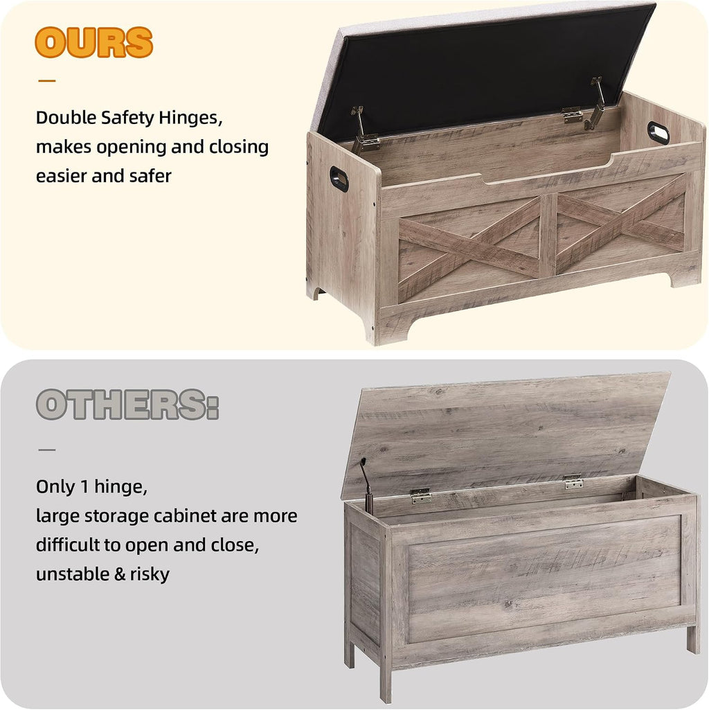 coucheta Storage Chest, Farmhouse Storage Trunk, Wooden Entryway Storage Bench with Safety Hinge and Lift-Top for Entryway, Living Room, Grey
