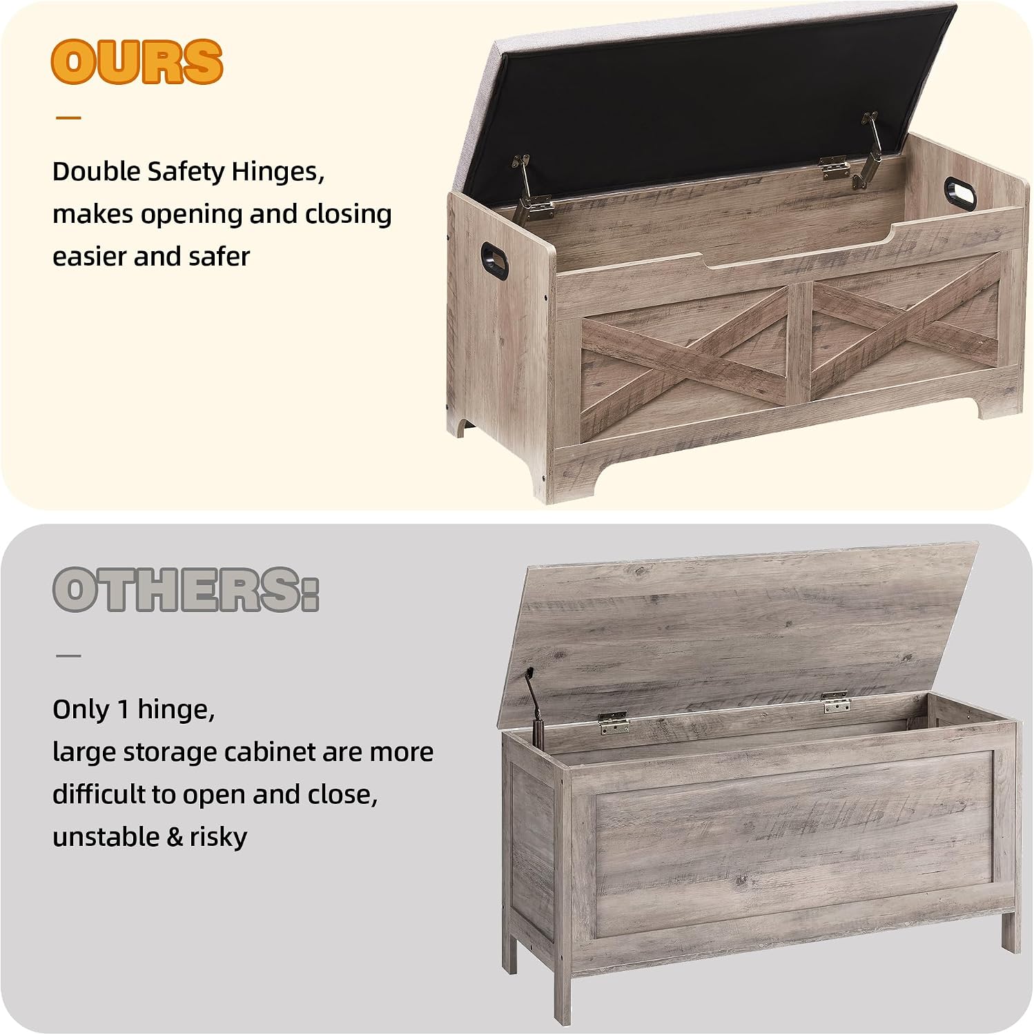 coucheta Storage Chest, Farmhouse Storage Trunk, Wooden Entryway Storage Bench with Safety Hinge and Lift-Top for Entryway, Living Room, Grey