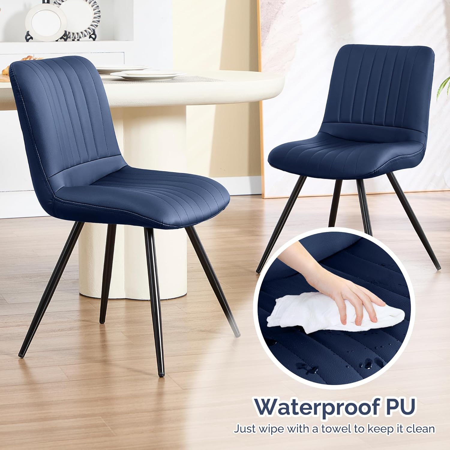 Dining Chairs Set of 2, Modern Dining Chairs with Thick Cushions, Faux Leather Upholstered Kitchen Dining Room Chairs with Metal Legs for Dining Living Room (Navy Blue)