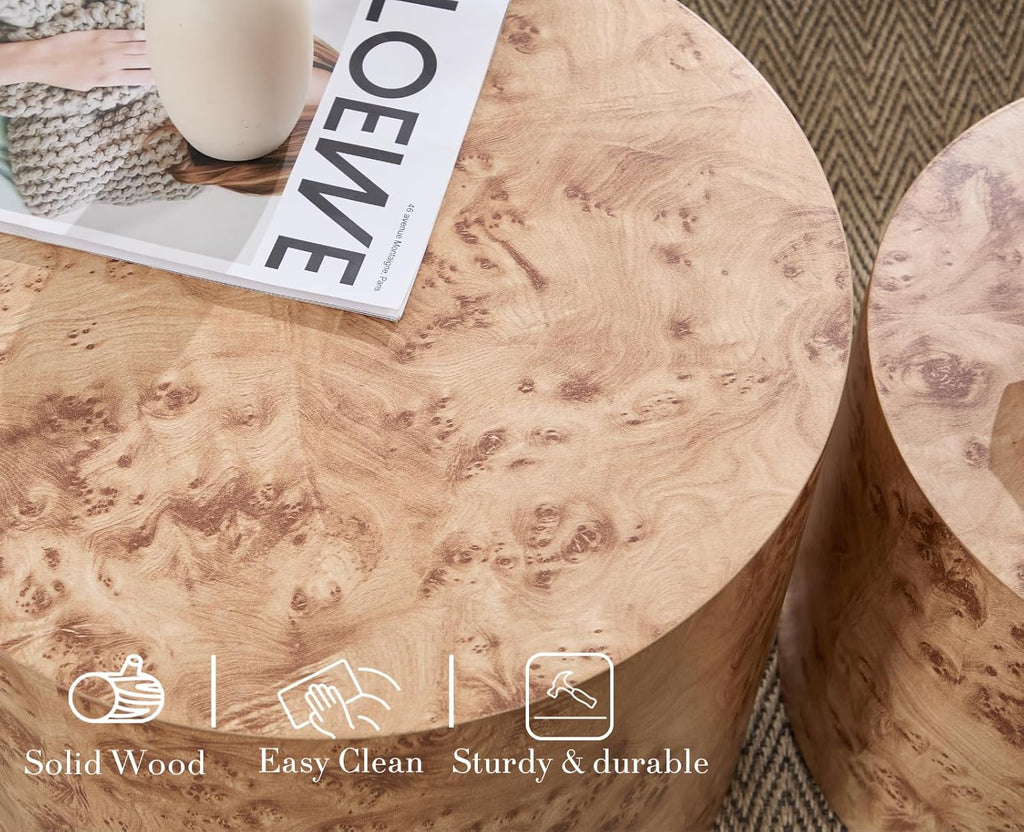 CIMOTA Round Wood Nesting Coffee Table Set of 2, Modern Circle Travertine End Side Table Sets for Living Room, Natural Burl Color/No Assembling