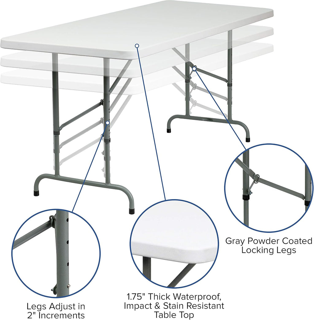 Flash Furniture 6-Foot Adjustable Plastic Folding Table, White | Bi-Fold, Carrying Handle, Commercial Grade, Easy Storage