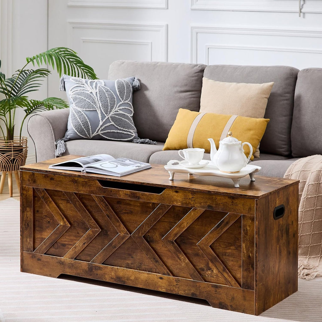 47.2” Storage Bench,Extra Large Wooden Storage Chest with 2 Safety Hinges,entryway Bench,Blanket Storage,Shoe Storage Bench for Entryway,Bedroom,Living Room,Easy Assembly.-Rustic Brown