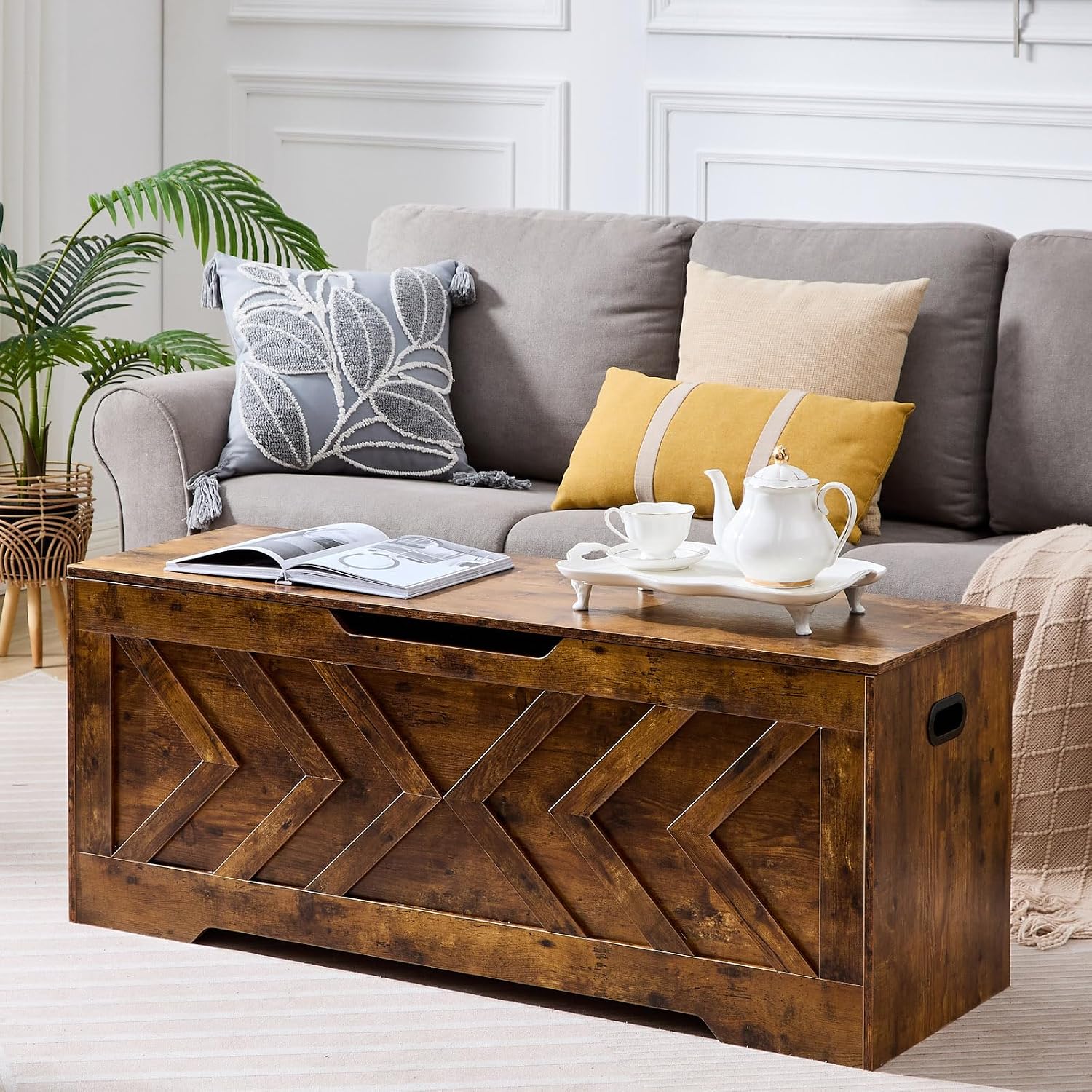47.2” Storage Bench,Extra Large Wooden Storage Chest with 2 Safety Hinges,entryway Bench,Blanket Storage,Shoe Storage Bench for Entryway,Bedroom,Living Room,Easy Assembly.-Rustic Brown