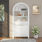 roomfitters 71" Tall Arched Pantry Cabinet with Fluted Glass Doors & Hidden Drawer, 4-Door Display Cupboard, White