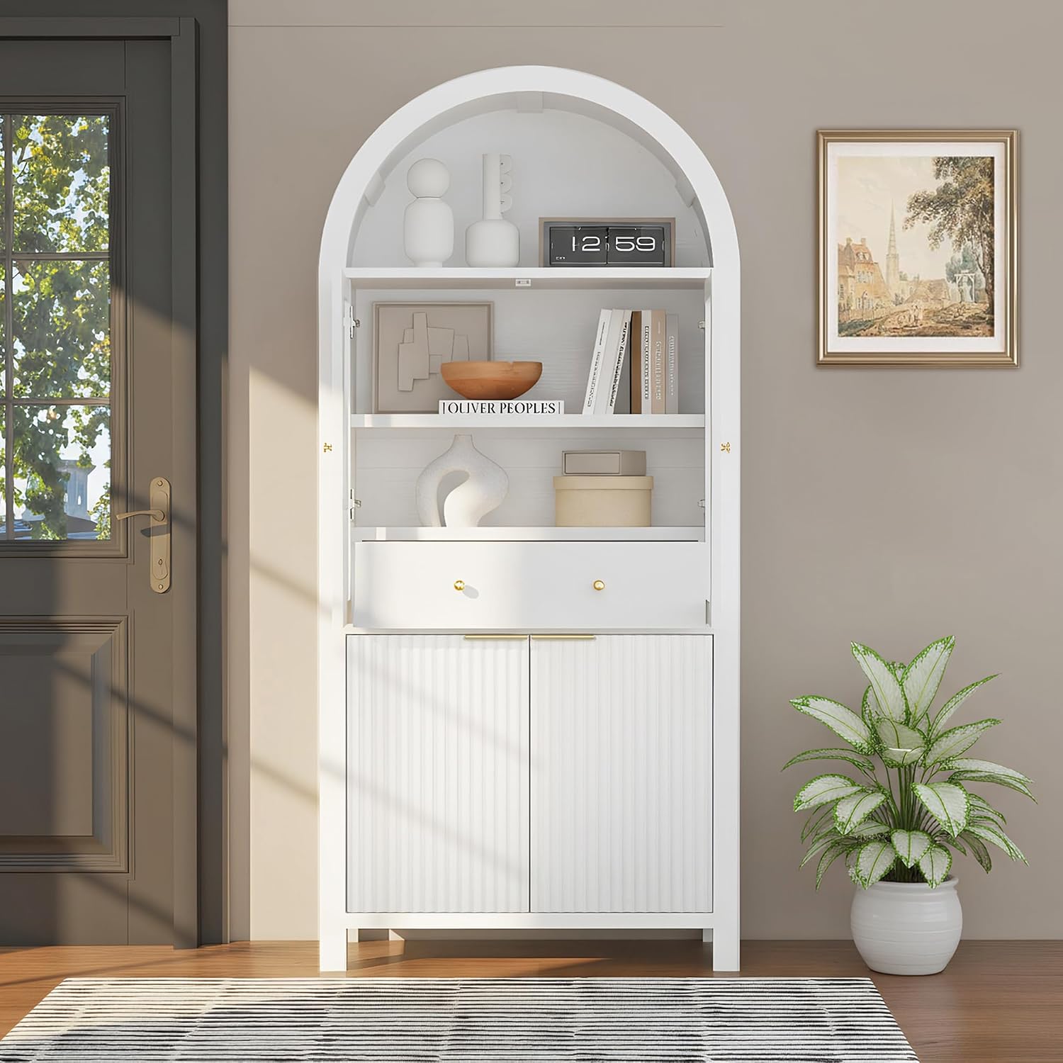 roomfitters 71" Tall Arched Pantry Cabinet with Fluted Glass Doors & Hidden Drawer, 4-Door Display Cupboard, White