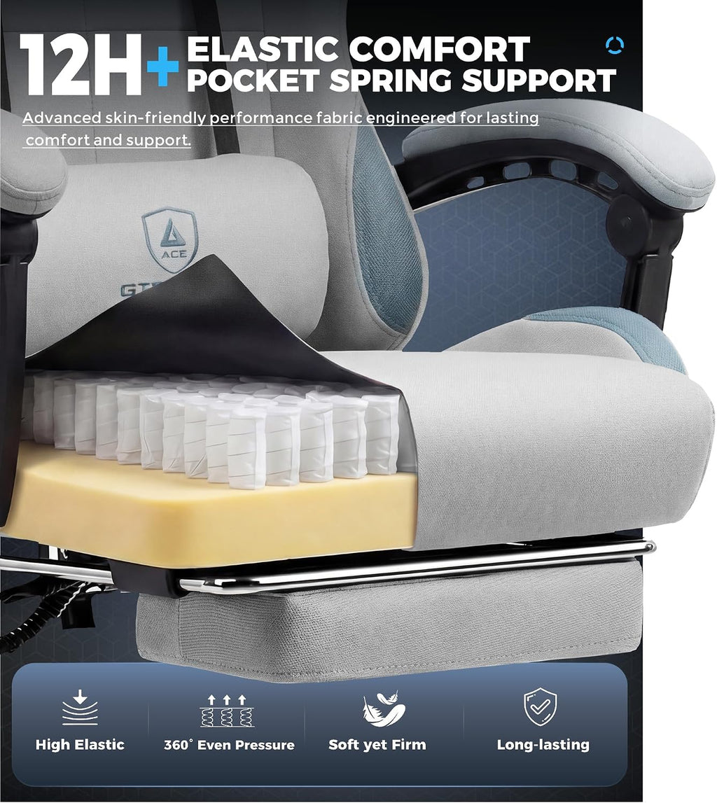 GTPLAYER Gaming Chair Fabric with Pocket Spring Cushion,Computer Office Chair with Lumbar Support for Adults Linkage Armrests and Footrest Ergonomic Gamings Chairs Height Adjustable LightGray