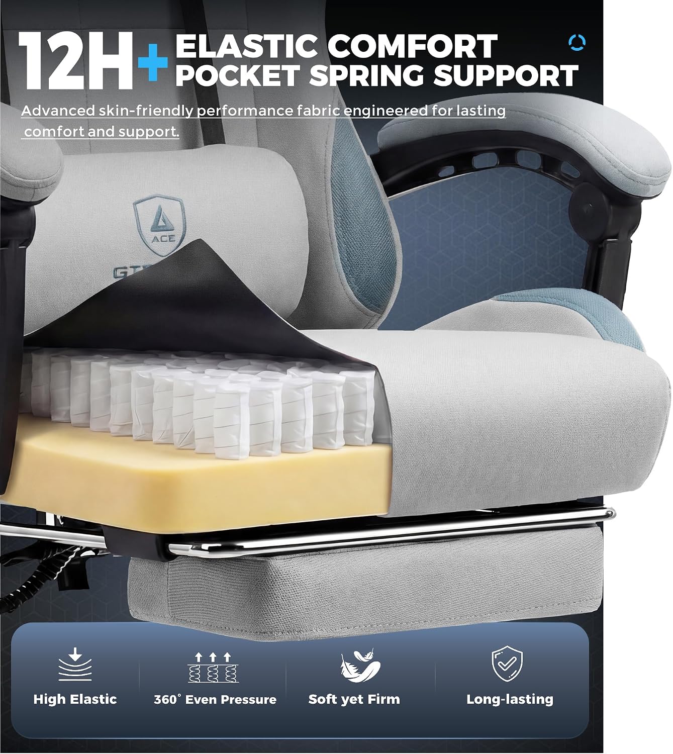 GTPLAYER Gaming Chair Fabric with Pocket Spring Cushion,Computer Office Chair with Lumbar Support for Adults Linkage Armrests and Footrest Ergonomic Gamings Chairs Height Adjustable LightGray