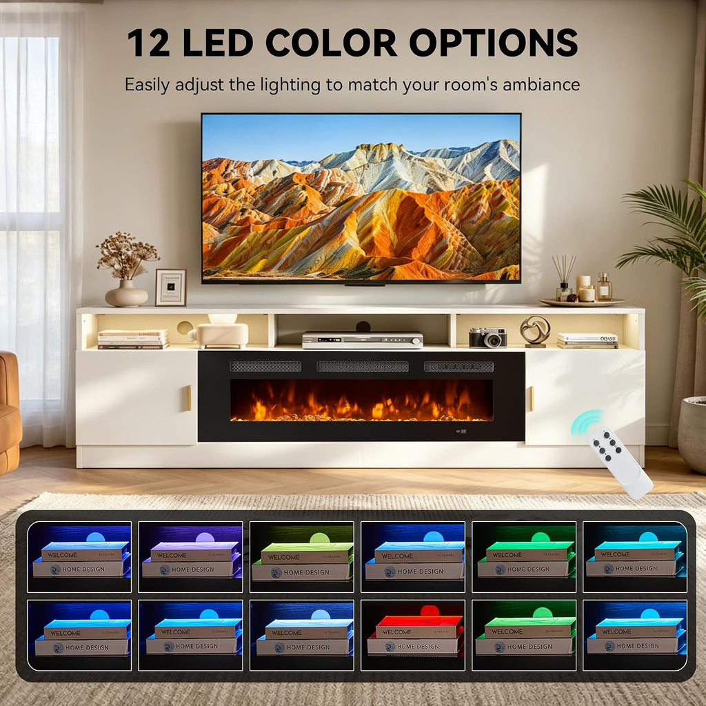 80" Fireplace TV Stand with Power Outlet, Electric Fireplace Entertainment Center with Storage Cabinets, Fits TVs up to 90", TV Console with LED Lights for Living Room, Office, White-Black