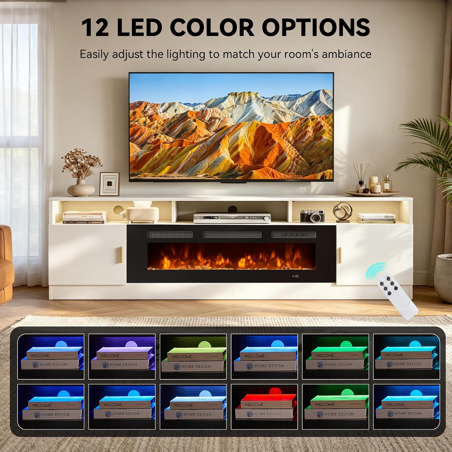 80" Fireplace TV Stand with Power Outlet, Electric Fireplace Entertainment Center with Storage Cabinets, Fits TVs up to 90", TV Console with LED Lights for Living Room, Office, White-Black