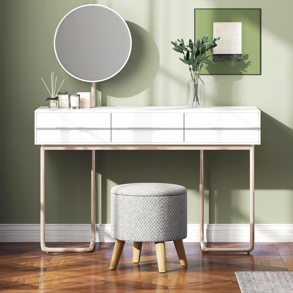 Light Gray Round Storage Ottoman with Hidden Lid and Linen Fabric