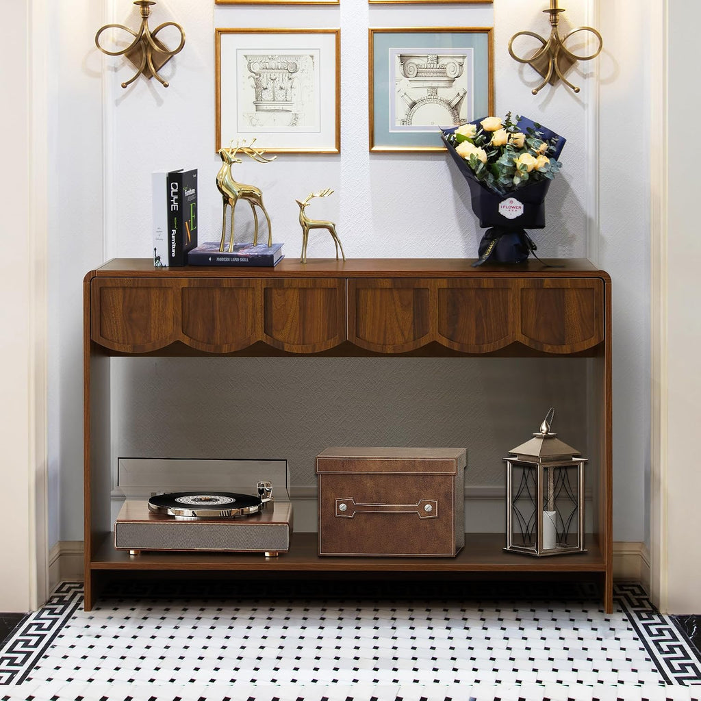 ORRD Console Table with Drawers, Mid-Century 43 Inches Narrow Entryway Tables with Open Storage Shelves, Hallway Accent Tables Behind Couch Table for Living Room - Walnut