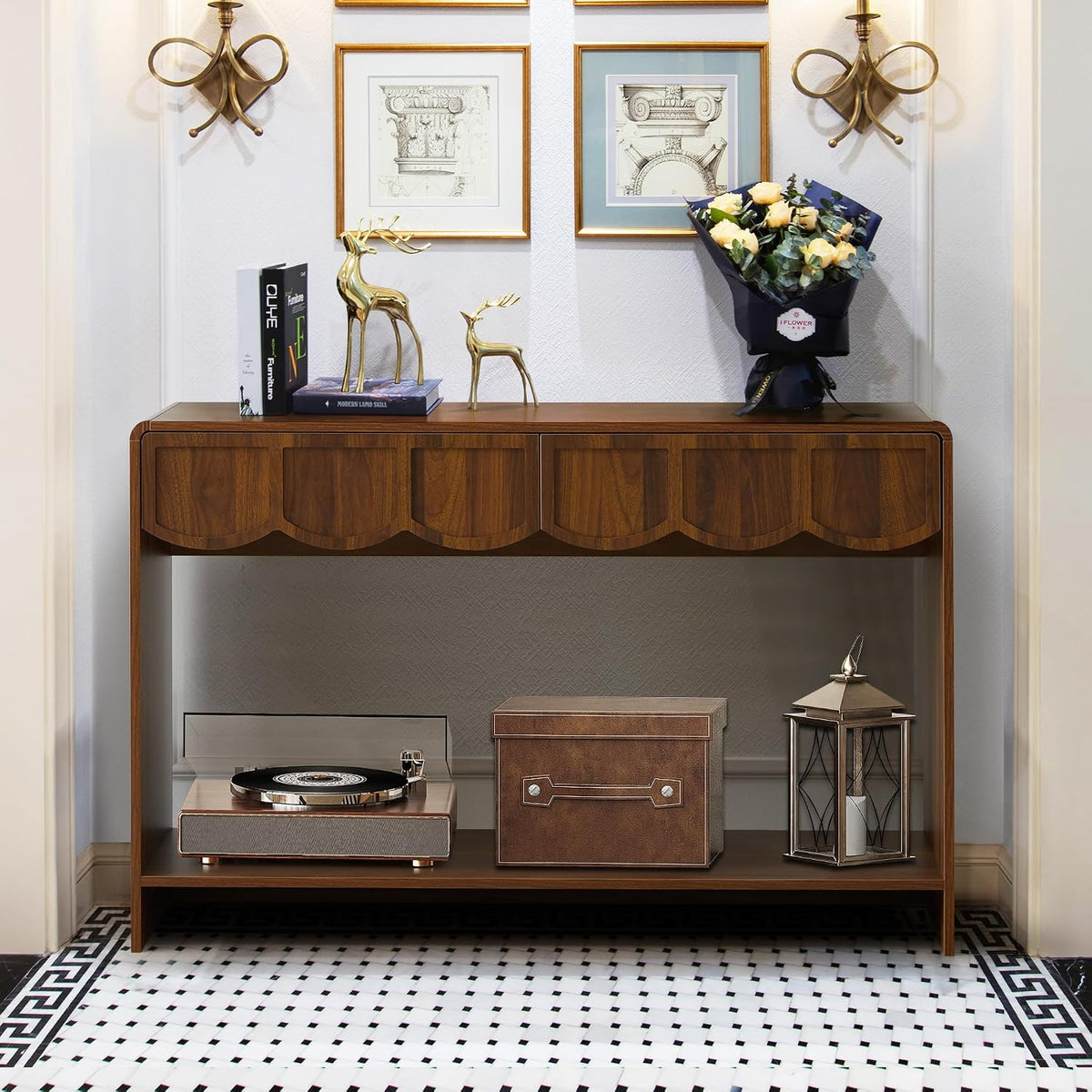 ORRD Console Table with Drawers, Mid-Century 43 Inches Narrow Entryway Tables with Open Storage Shelves, Hallway Accent Tables Behind Couch Table for Living Room - Walnut